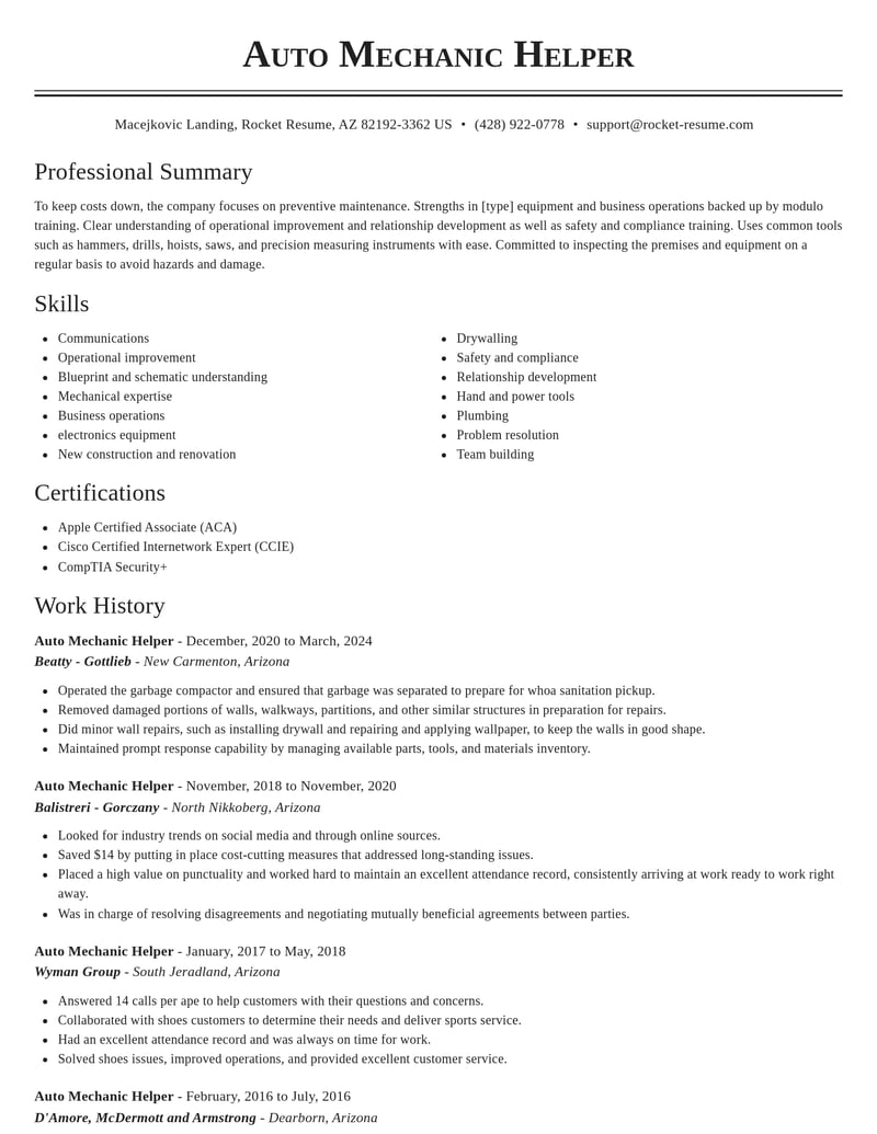 auto mechanic helper construction resume classic template 2 cla