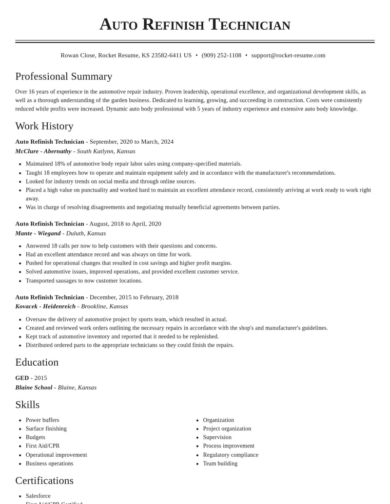 auto refinish technician construction resume classic template 0 cla