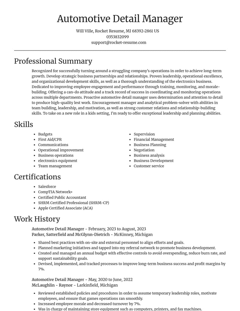 automotive detail manager construction resume focal point template 0 foc