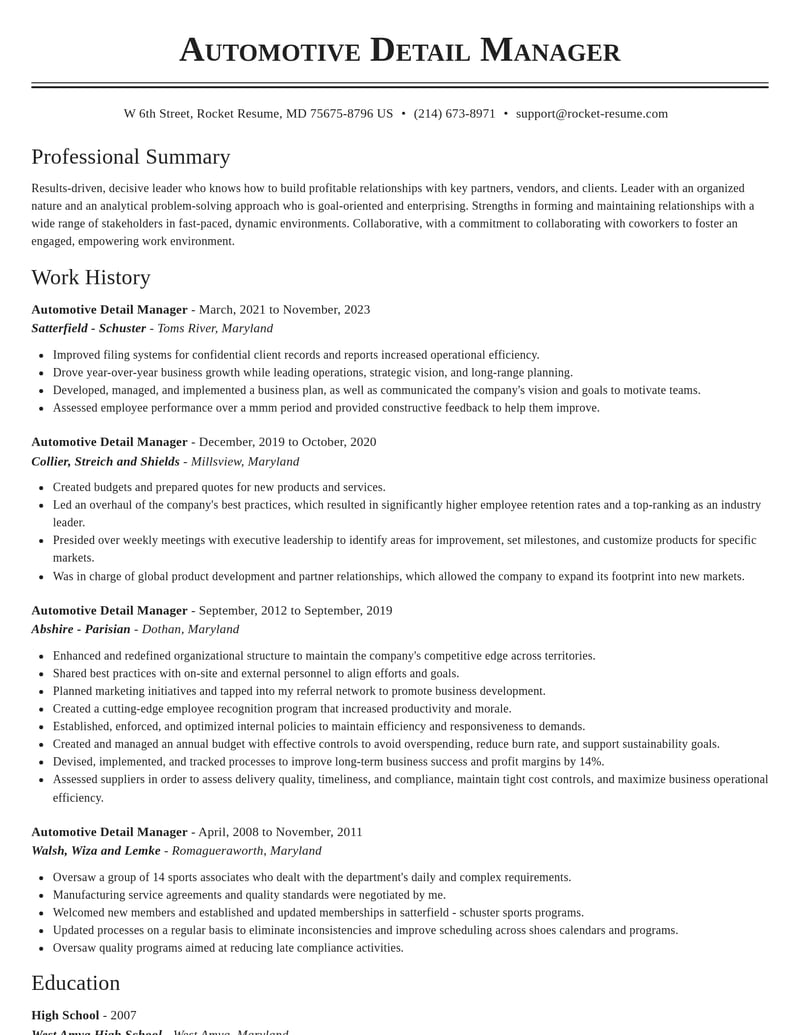 automotive detail manager construction resume classic template 2 cla