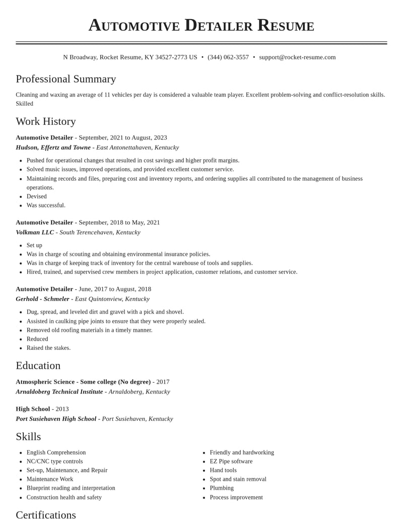 automotive detailer construction resume classic template 1 cla
