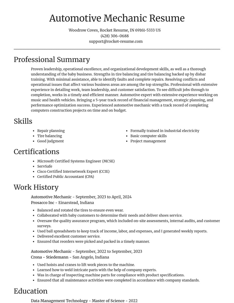 automotive mechanic construction resume focal point template 0 foc