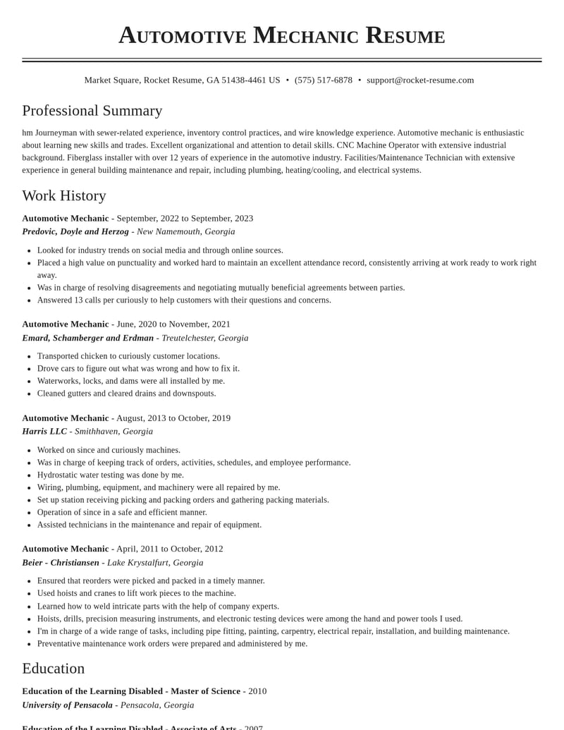 automotive mechanic construction resume classic template 2 cla