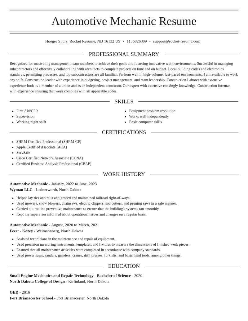 automotive mechanic construction resume elegant template 2 ele