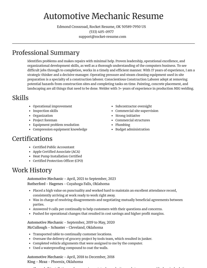 automotive mechanic construction resume focal point template 2 foc