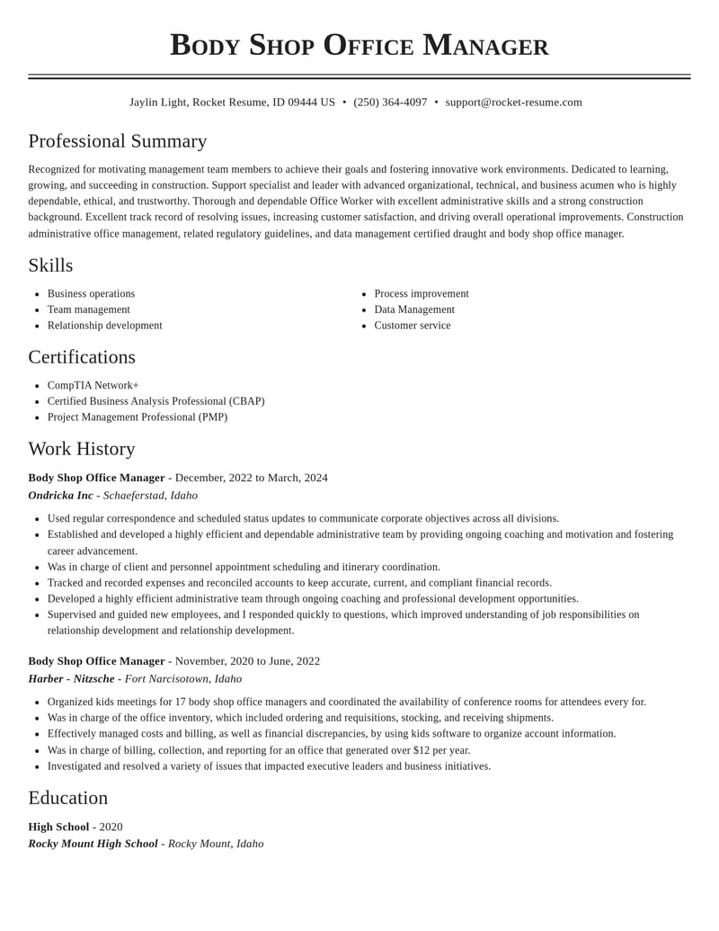 body shop office manager construction resume classic template 2 cla