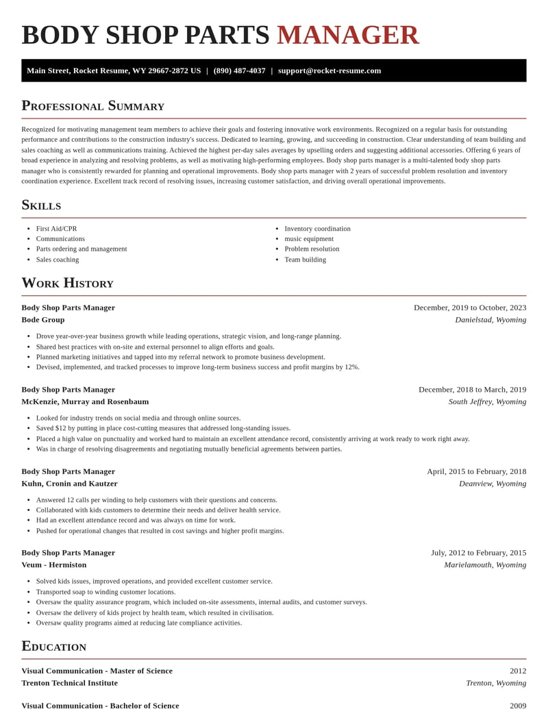 body shop parts manager construction resume exquisite template 0 exq