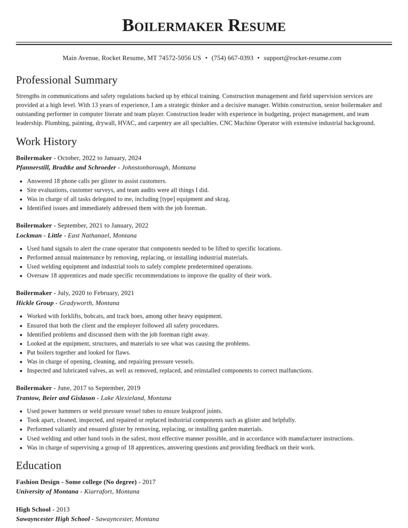 boilermaker construction resume classic template 2 cla
