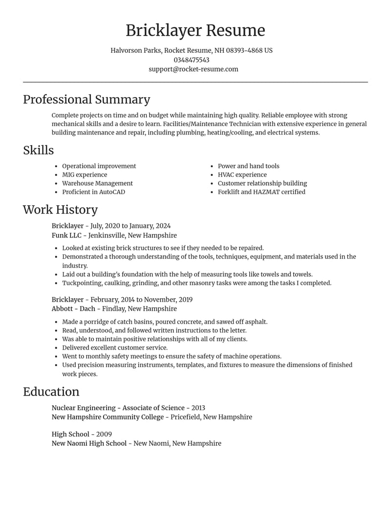 bricklayer construction resume focal point template 1 foc