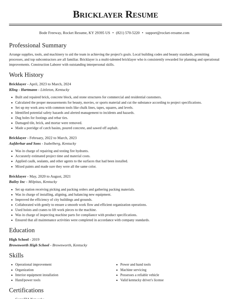 bricklayer construction resume classic template 2 cla