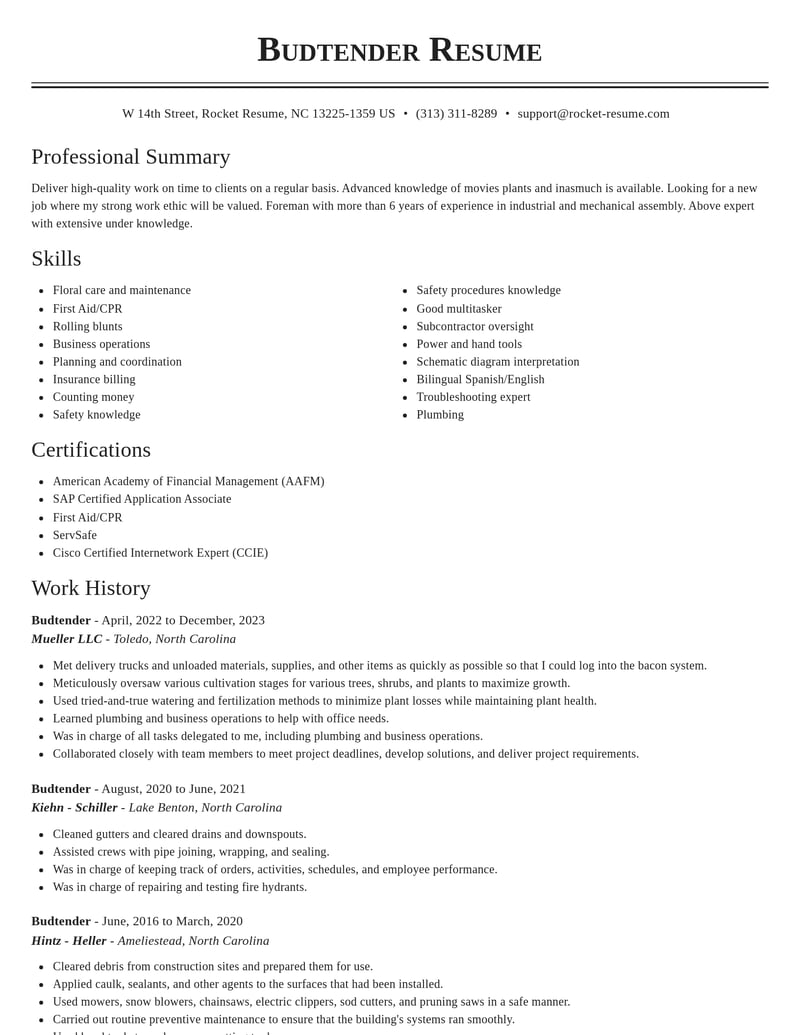 budtender construction resume classic template 1 cla