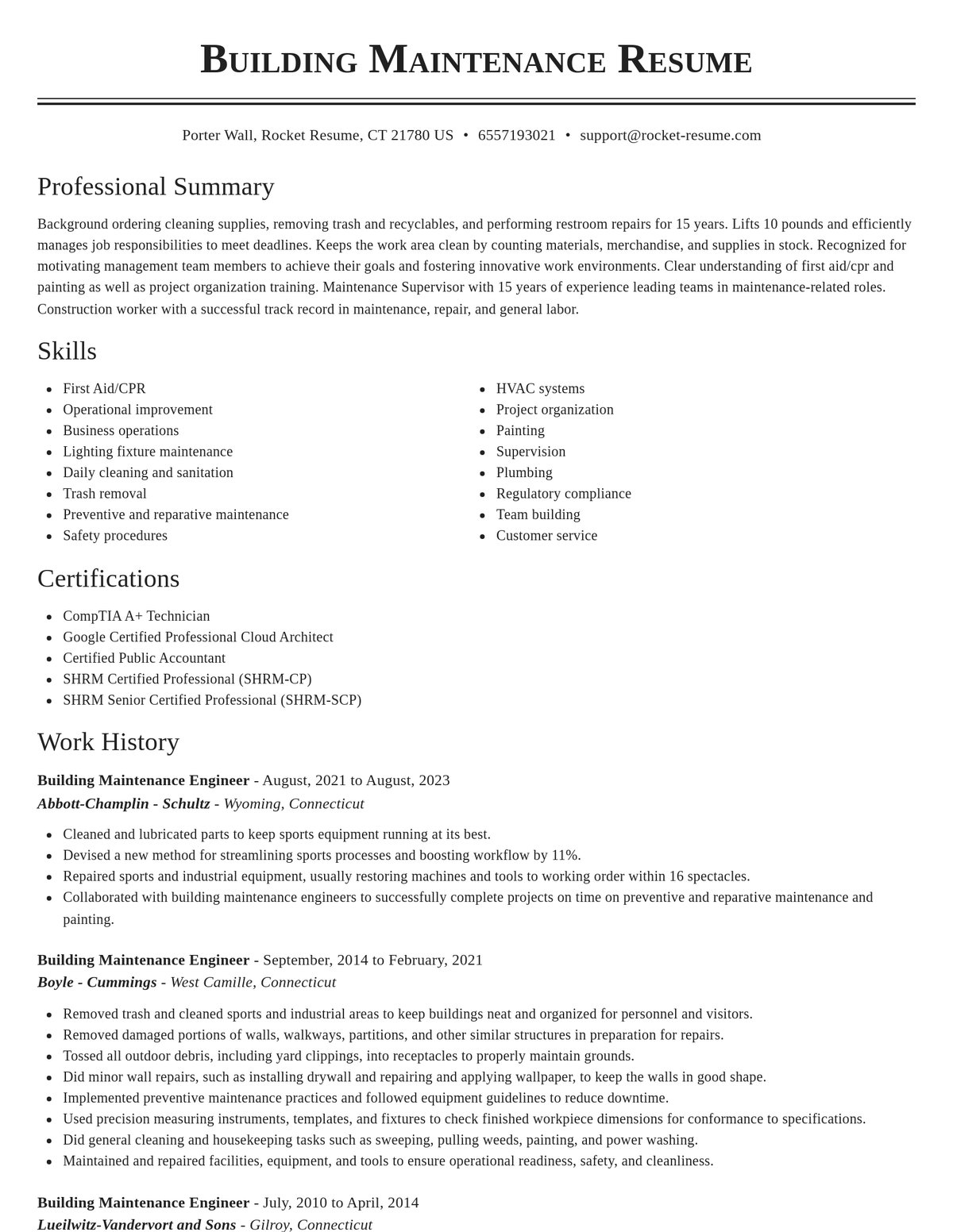 Building Maintenance Engineer Resume Editor | Rocket Resume