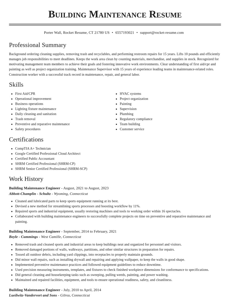 Building Maintenance Engineer Resume Editor | Rocket Resume