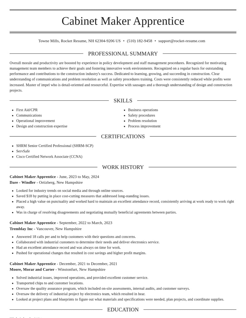 cabinet maker apprentice construction resume elegant template 0 ele
