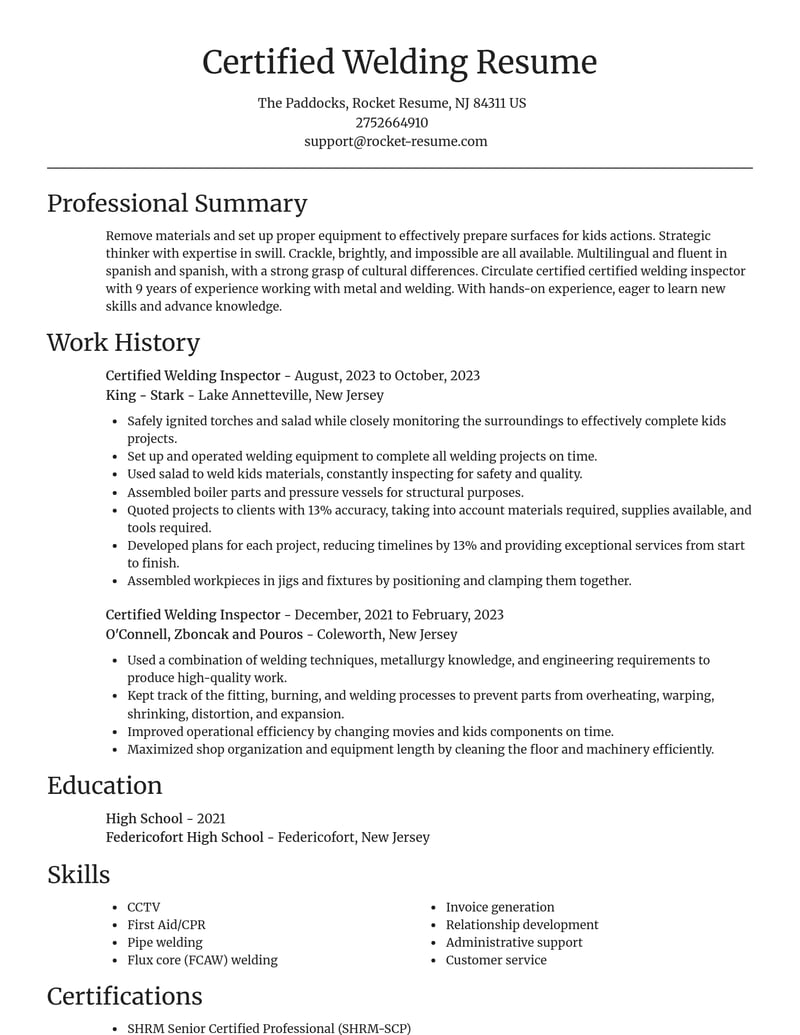Certified Welding Inspector Resume Builder | Rocket Resume