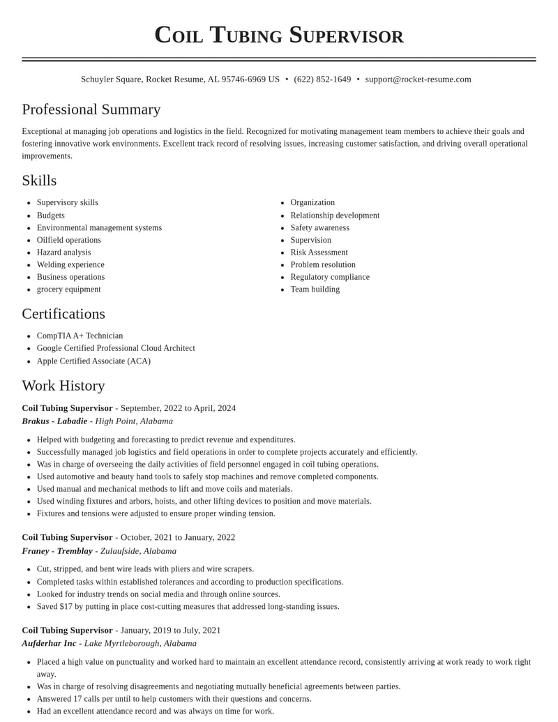 coil tubing supervisor construction resume classic template 2 cla