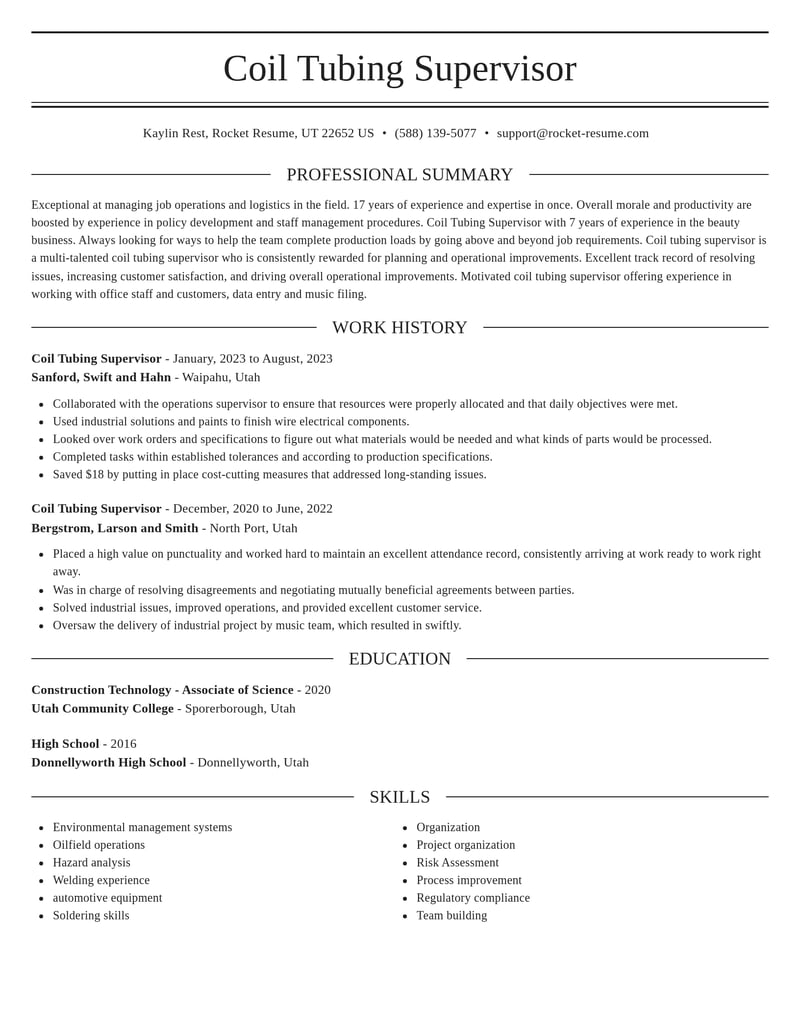 coil tubing supervisor construction resume elegant template 2 ele