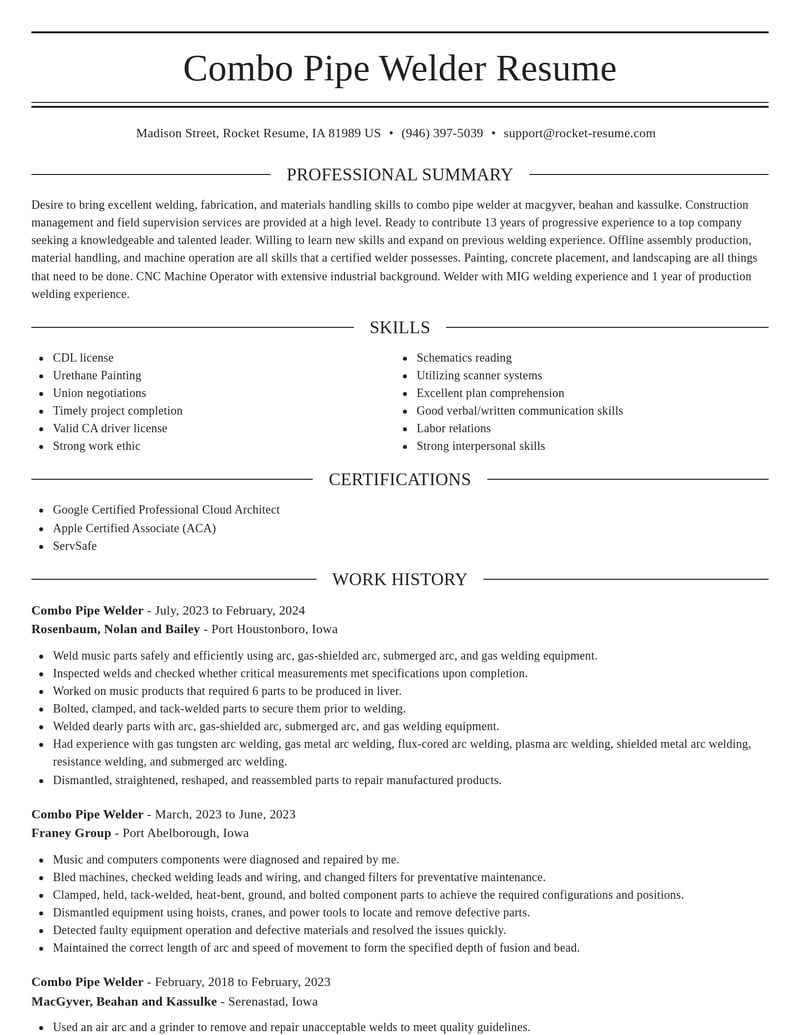 combo pipe welder construction resume elegant template 2 ele