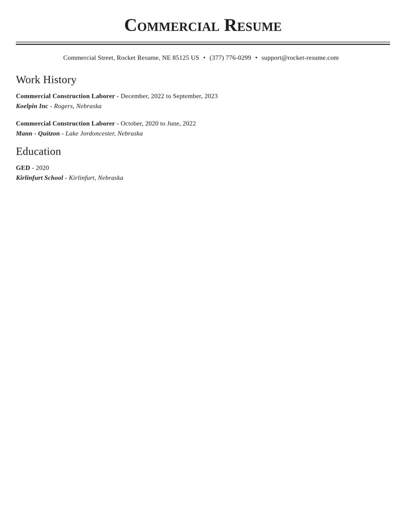 commercial construction laborer construction resume classic template 2 cla