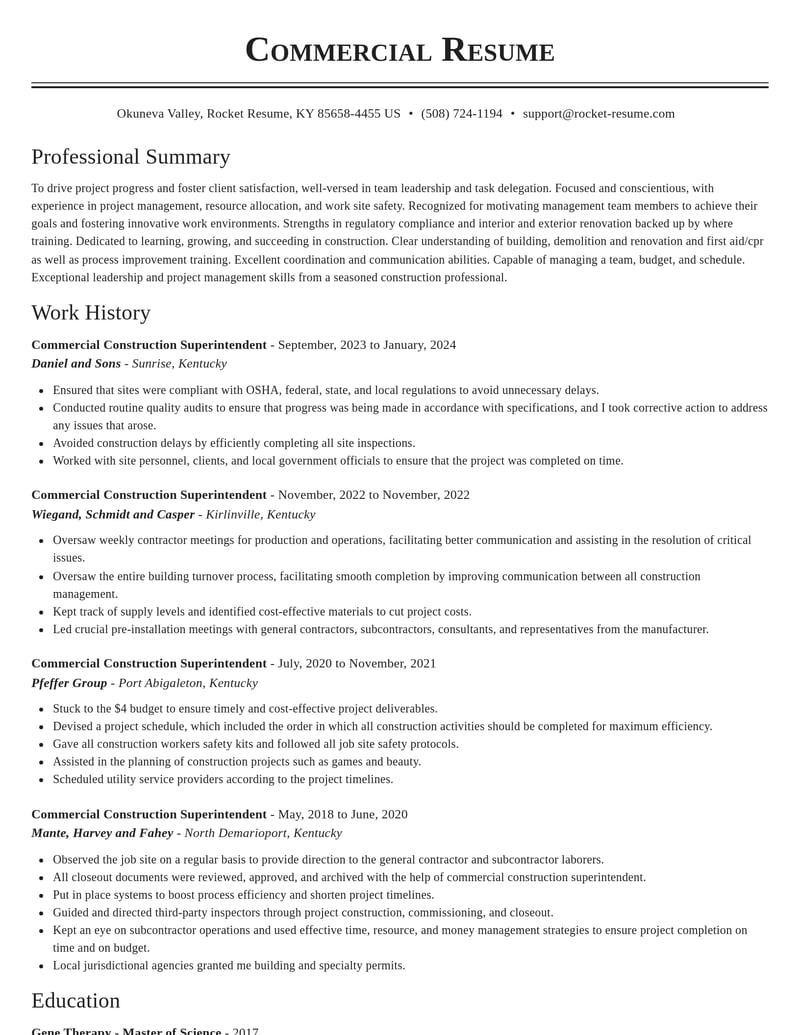 commercial construction superintendent construction resume classic template 2 cla
