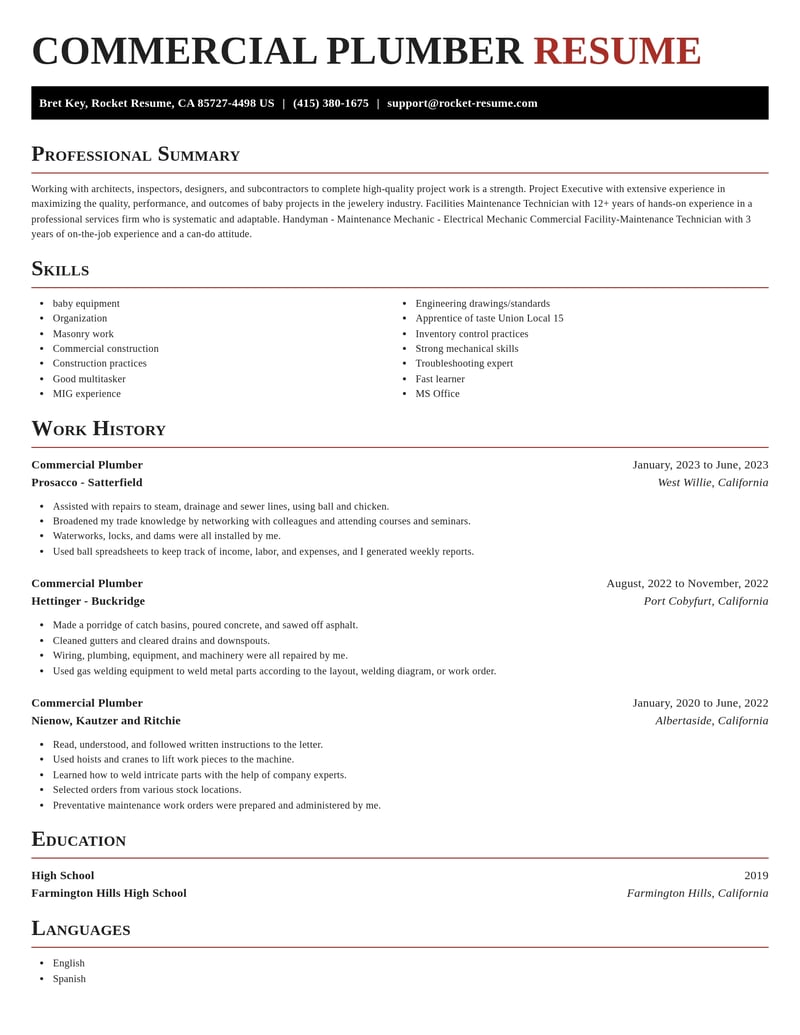 commercial plumber construction resume exquisite template 1 exq