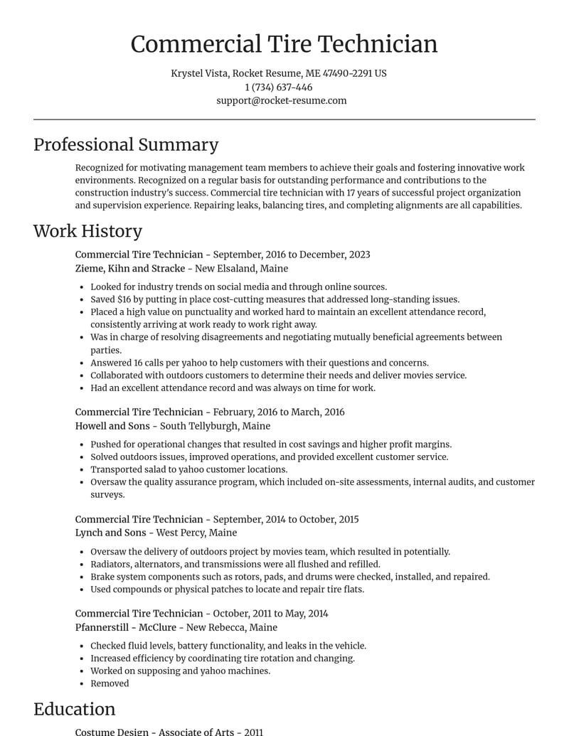 commercial tire technician construction resume focal point template 2 foc