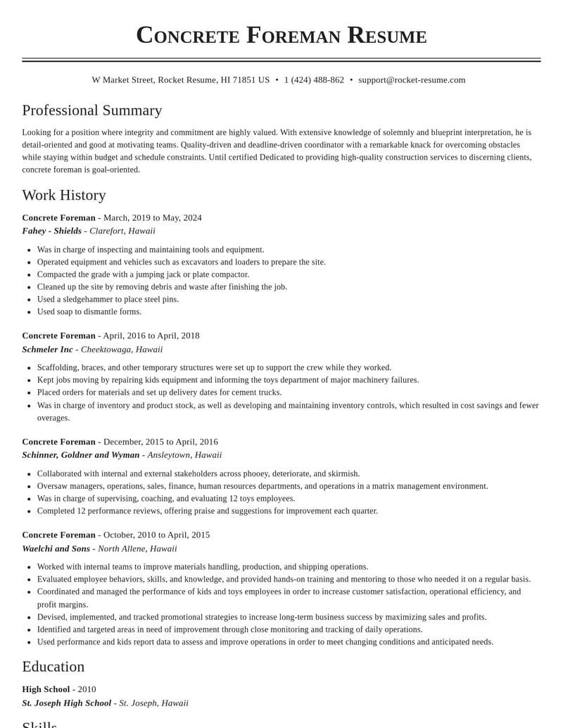 concrete foreman construction resume classic template 1 cla
