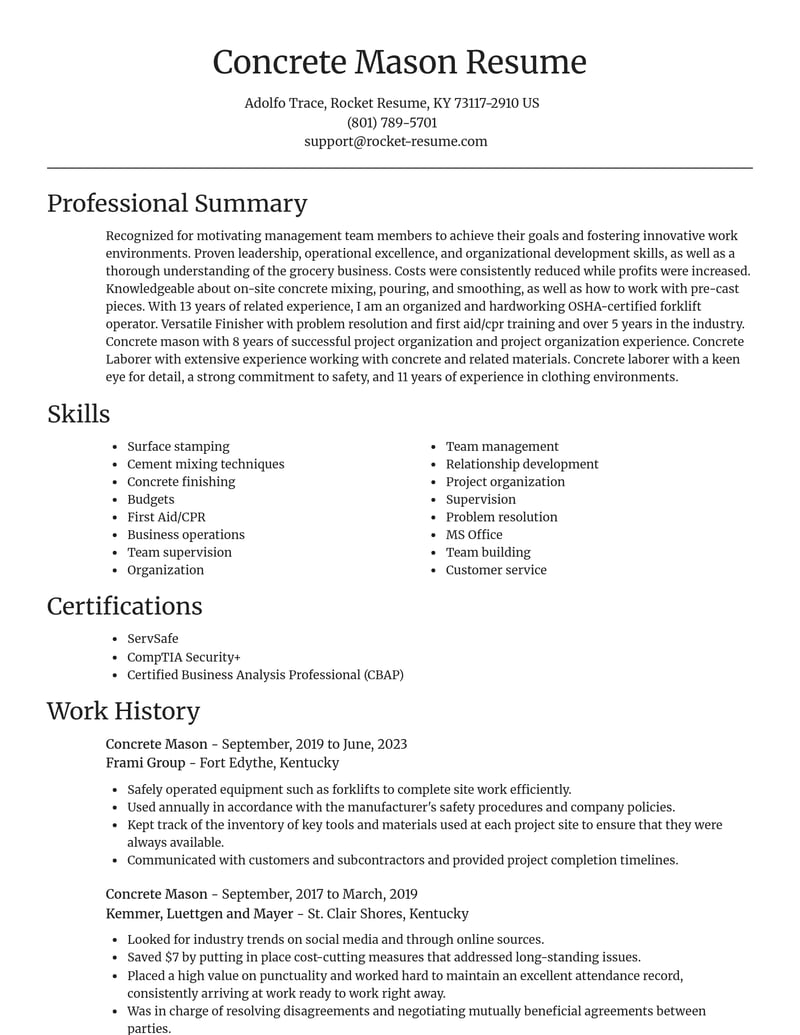 concrete mason construction resume focal point template 2 foc