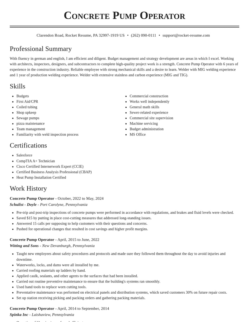 concrete pump operator construction resume classic template 2 cla