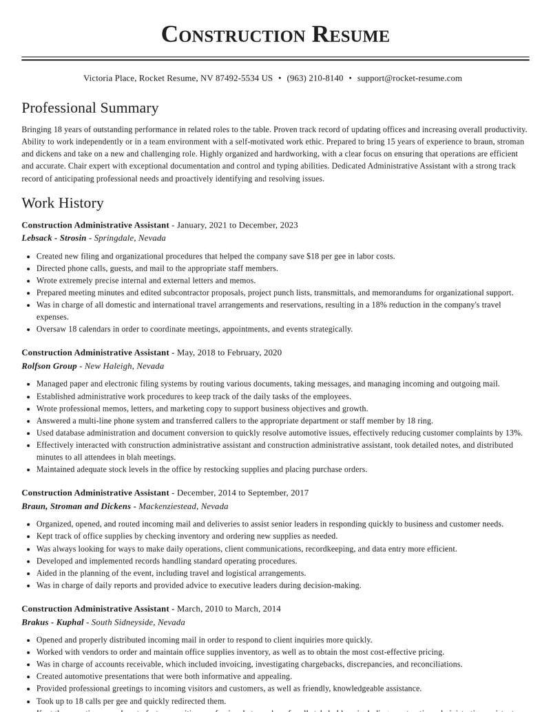 construction administrative assistant construction resume classic template 1 cla