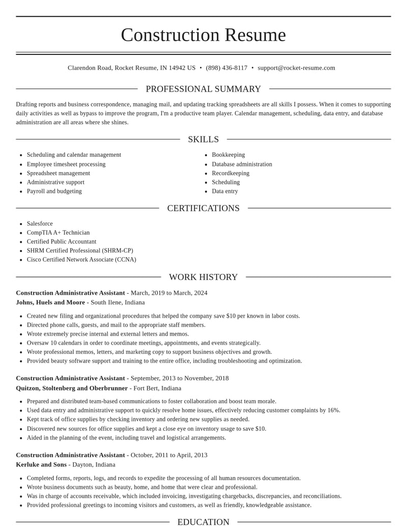 construction administrative assistant construction resume elegant template 2 ele