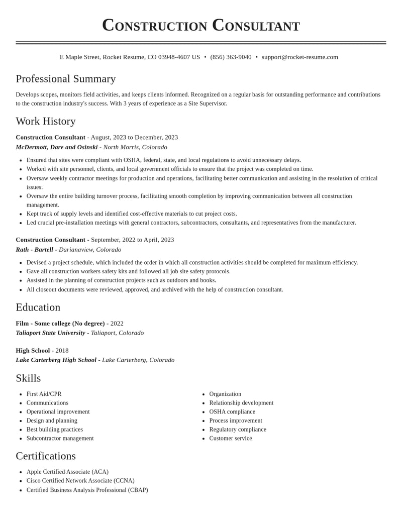 construction consultant construction resume classic template 0 cla