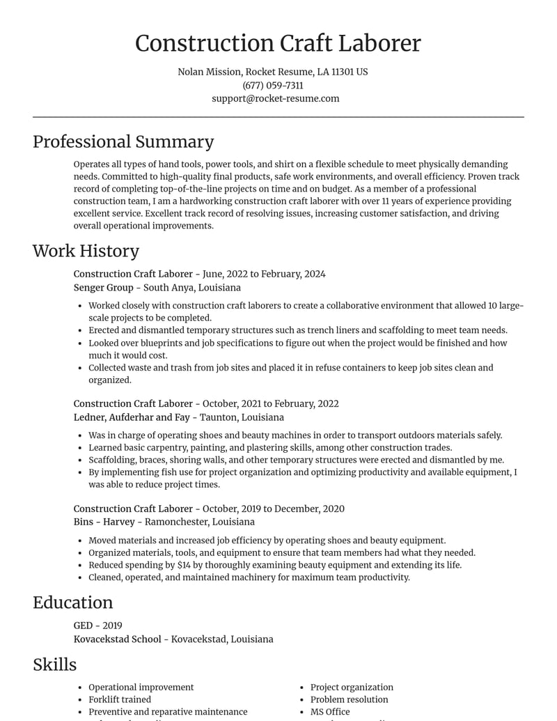 construction craft laborer construction resume focal point template 2 foc