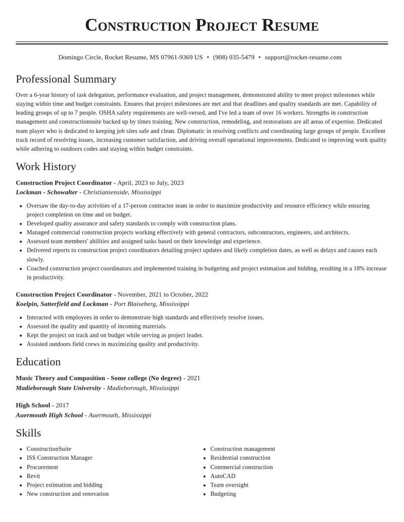 construction project coordinator construction resume classic template 2 cla