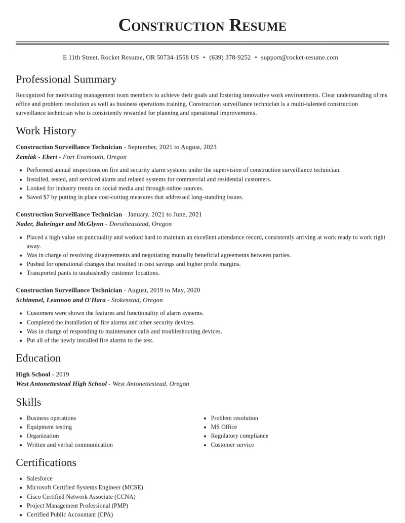 construction surveillance technician construction resume classic template 2 cla