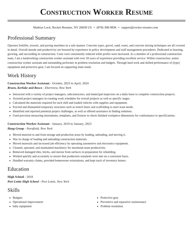 construction worker assistant construction resume classic template 1 cla