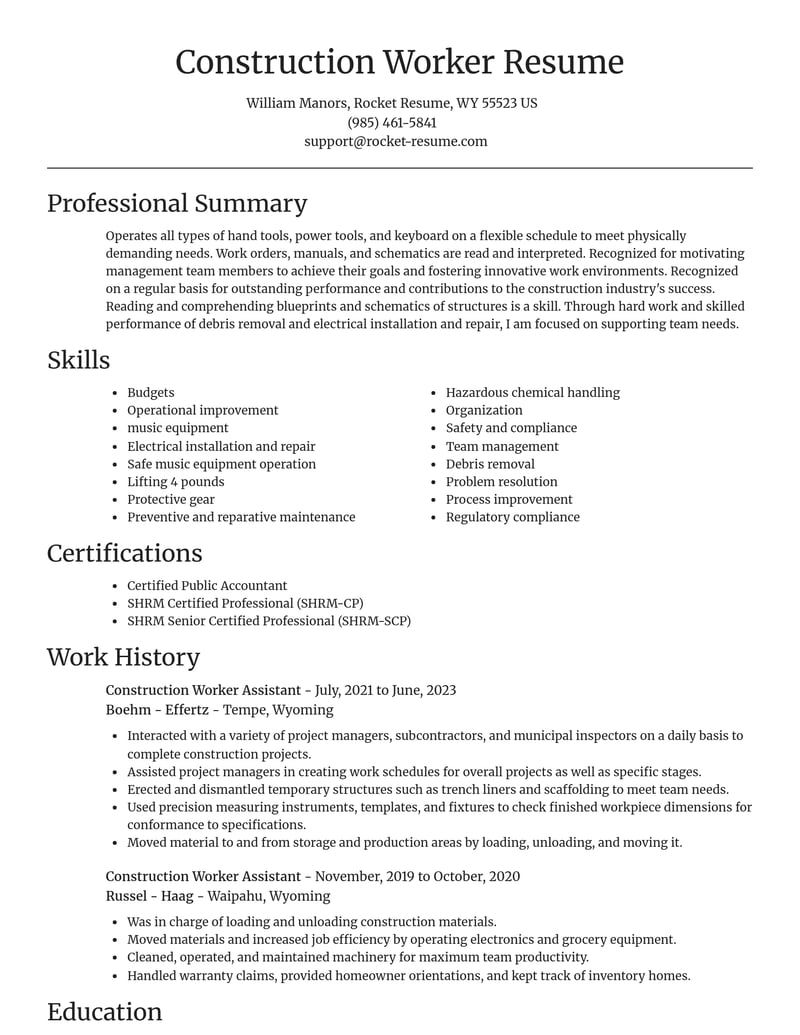 construction worker assistant construction resume focal point template 1 foc