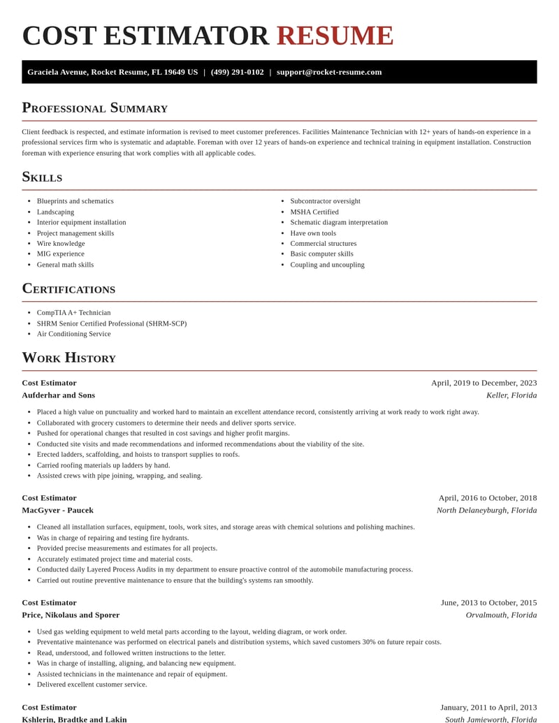 cost estimator construction resume exquisite template 1 exq