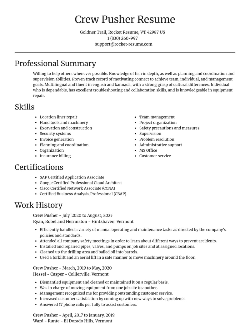 crew pusher construction resume focal point template 2 foc