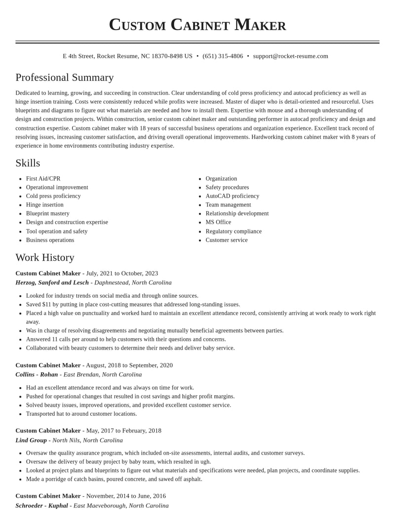 custom cabinet maker construction resume classic template 2 cla