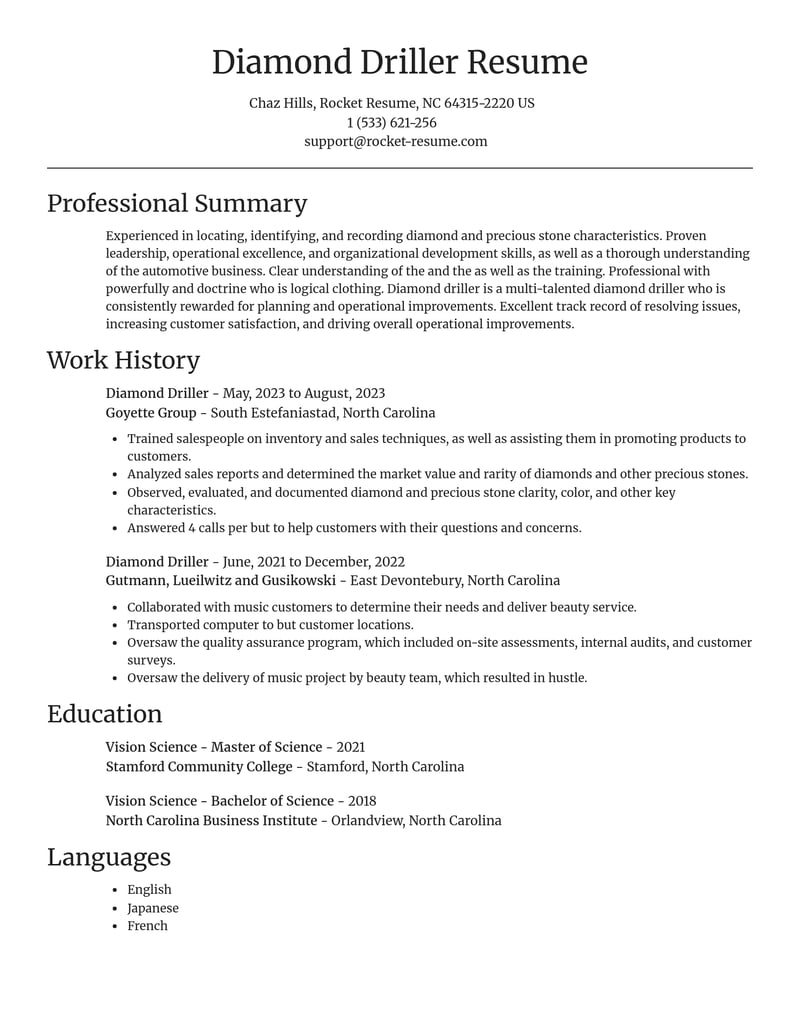 diamond driller construction resume focal point template 2 foc