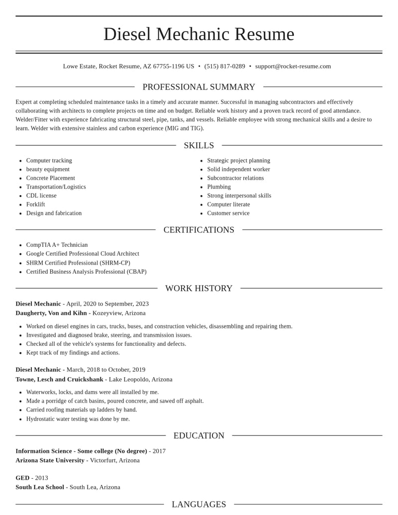 diesel mechanic construction resume elegant template 0 ele