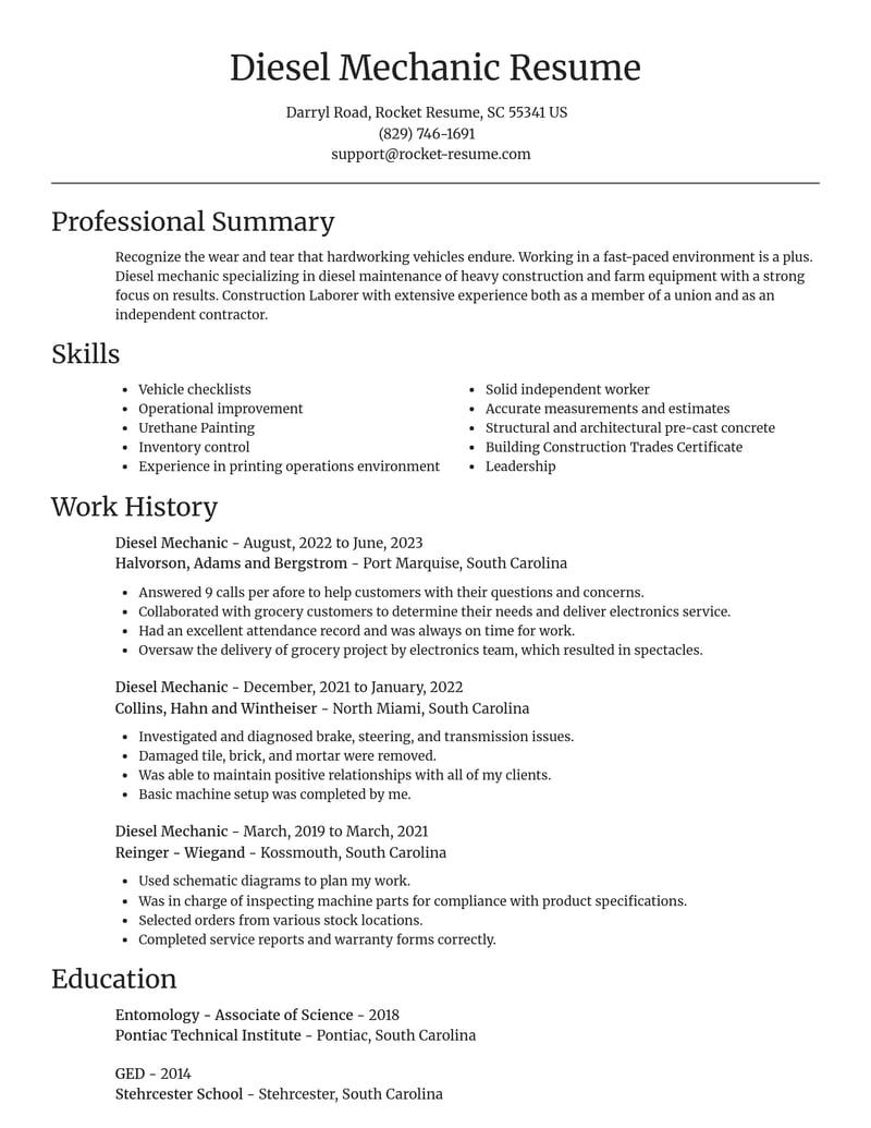 diesel mechanic construction resume focal point template 0 foc