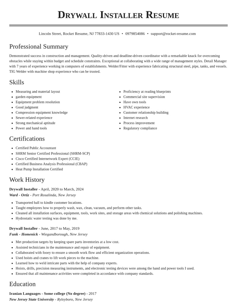 drywall installer construction resume classic template 0 cla