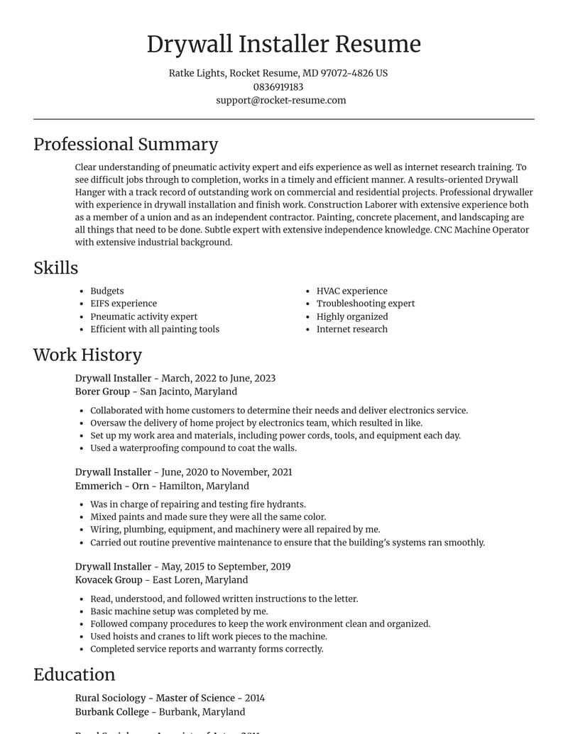 drywall installer construction resume focal point template 1 foc