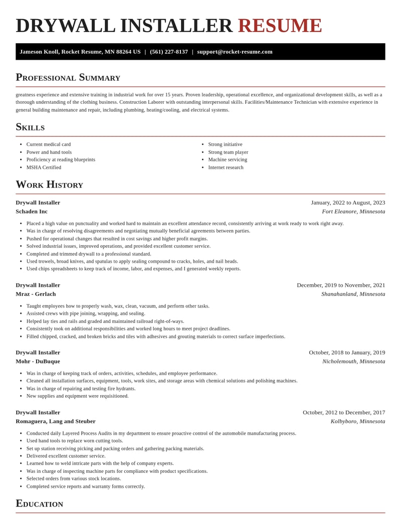 drywall installer construction resume exquisite template 2 exq
