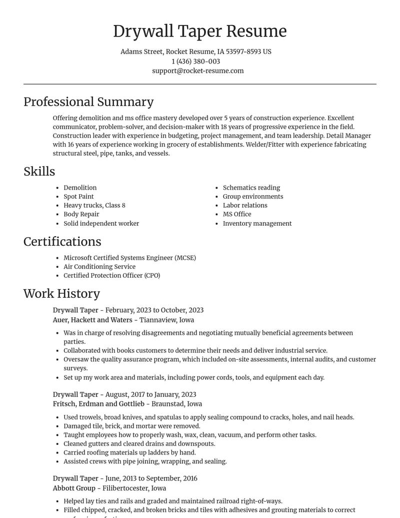 drywall taper construction resume focal point template 2 foc