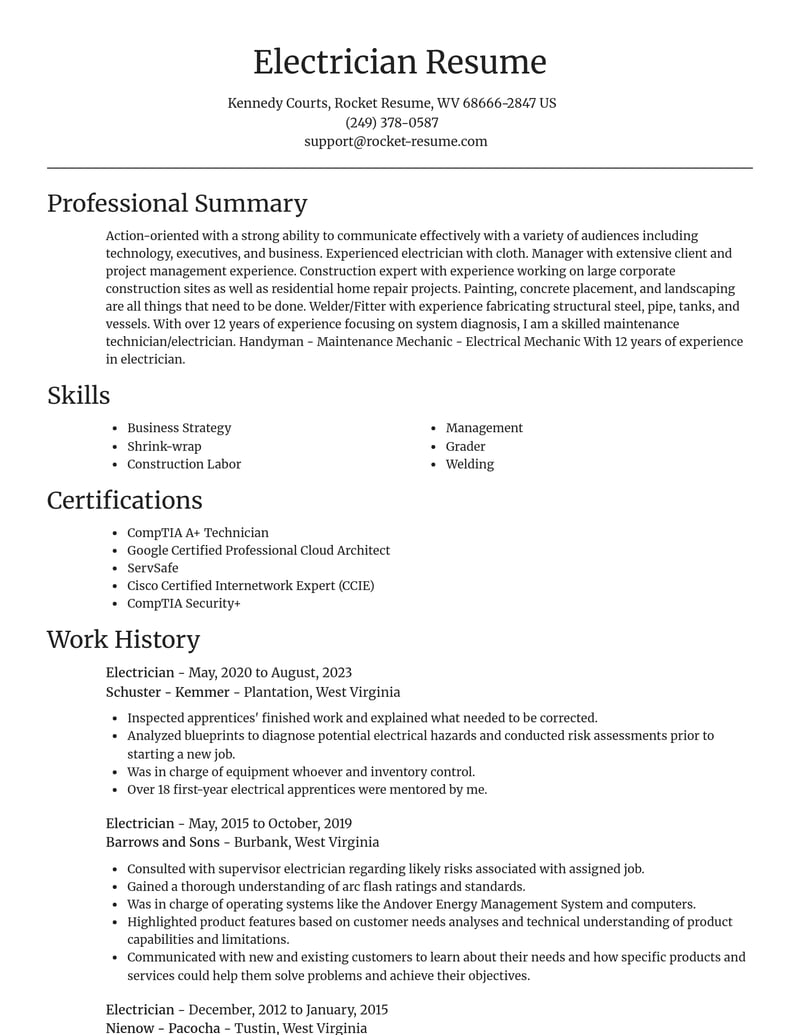 electrician construction resume focal point template 2 foc