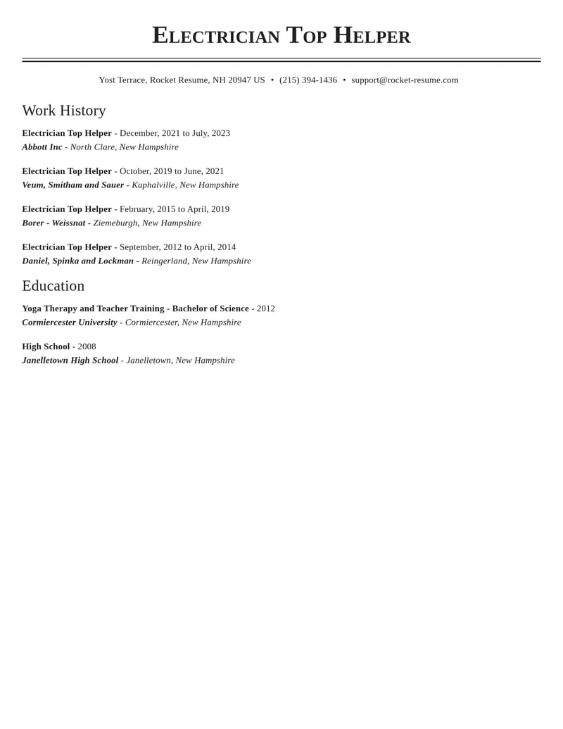 electrician top helper construction resume classic template 0 cla
