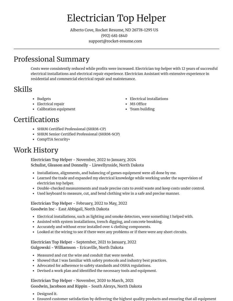 electrician top helper construction resume focal point template 1 foc